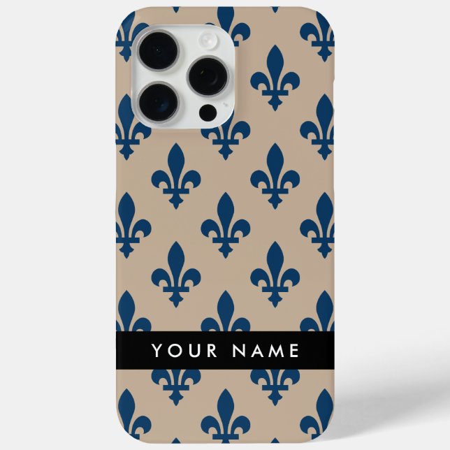 Coques Case-Mate iPhone Fleur de Lis, Navy Blue on Beige, Royal, Your Name (Verso)