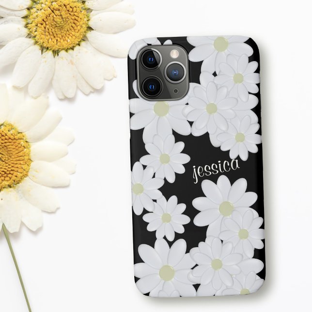 Coques Case-Mate iPhone Fleur de marguerite blanche moderne Nom Motif Noir (A black and white daisy pattern phone case with space for your name)