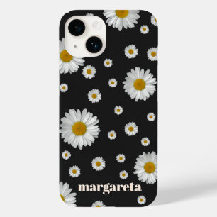 Coque Pour iPhone 14 Fleur de marguerite rétro avec nom Noir
