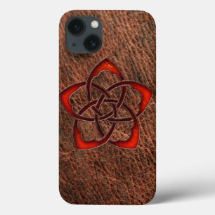 Etui iPhone 13 Fleur de noeud céleste orange en cuir véritable