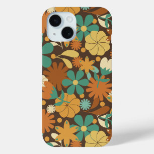 Coque Pour iPhone 15 Fleur de pouvoir funky des années soixante en brun