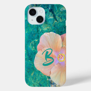 Coque Pour iPhone 15 Fleur d'hibiscus rose eau turquoise tropicale