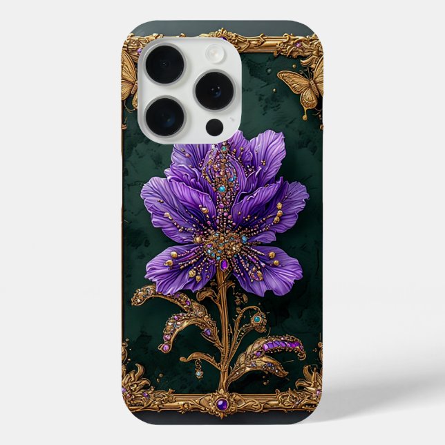 Coques Case-Mate iPhone Fleur élégante violette incrustée de bijoux (Verso)