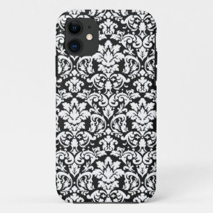 Coque iPhone 11 fleur en damassé noir et blanc