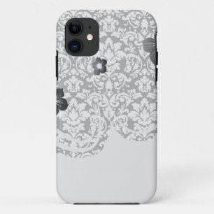 Coque iPhone 11 fleur en damassé noir et blanc