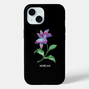 Coque Pour iPhone 15 Fleur iridescente sur fond noir, nom