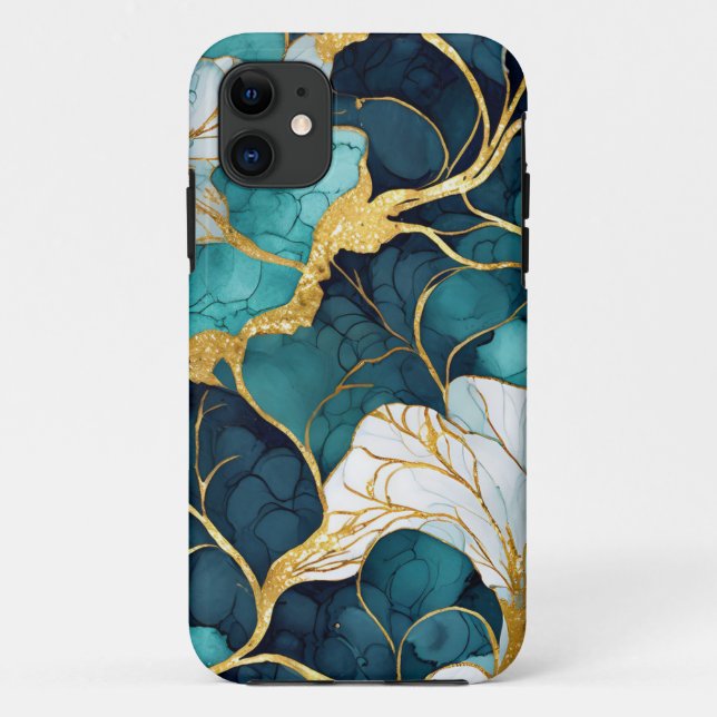 Coques Case-Mate iPhone Fleur Japonaise Sarcelle Or (Dos)