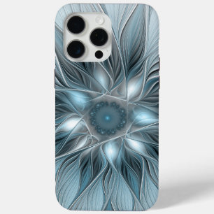 Coque iPhone 15 Pro Max Fleur joyeuse abstraite fleur bleue grise fractale