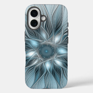 Coques iPhone 16 Fleur joyeuse abstraite florale fractale bleue gri