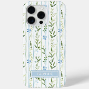 Coque iPhone 15 Pro Max Fleur personnalisée rayée bleue