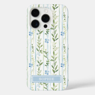Coques iPhone 16 Pro Fleur personnalisée rayée bleue