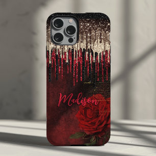 Coque Pour iPhone 14 Fleur rouge chic or gouttes scintillantes monogram