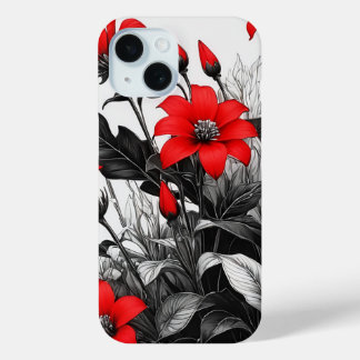 Coque Pour iPhone 15 Fleur rouge sur Plante noir blanc