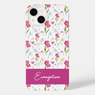 Coque Pour iPhone 14 Fleur sauvage aquarelle rose violet nom personnali