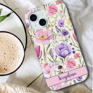 Coque Pour iPhone 15 Fleur sauvage de printemps Pastel rose violet Nom 