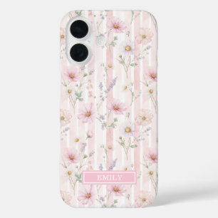 Coques iPhone 16 Fleur Sauvage Rose Monogrammée Rayée
