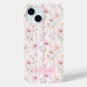 Coque Pour iPhone 15 Fleur Sauvage Rose Monogrammée Rayée