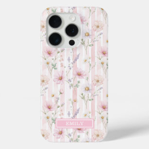 Coque iPhone 15 Pro Fleur Sauvage Rose Monogrammée Rayée
