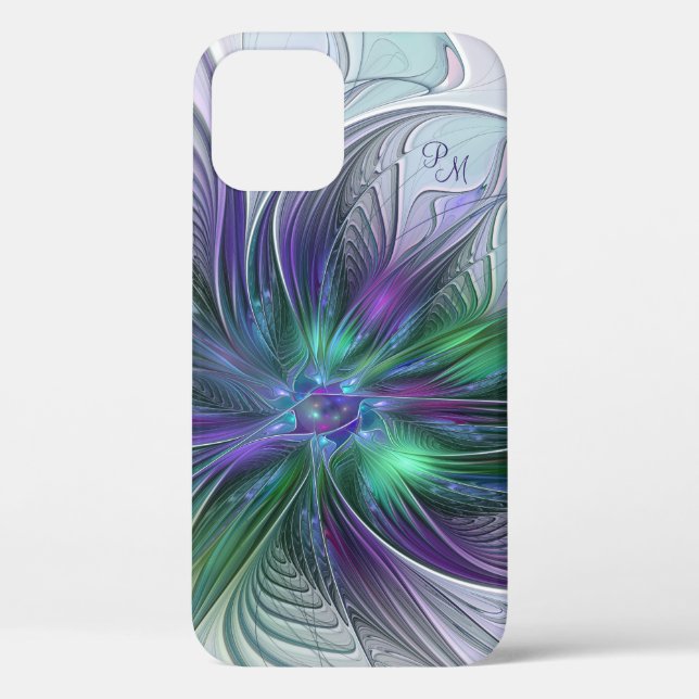 Coques Case-Mate iPhone Fleur vert violet Abstrait Art fractal Initiales (Verso)