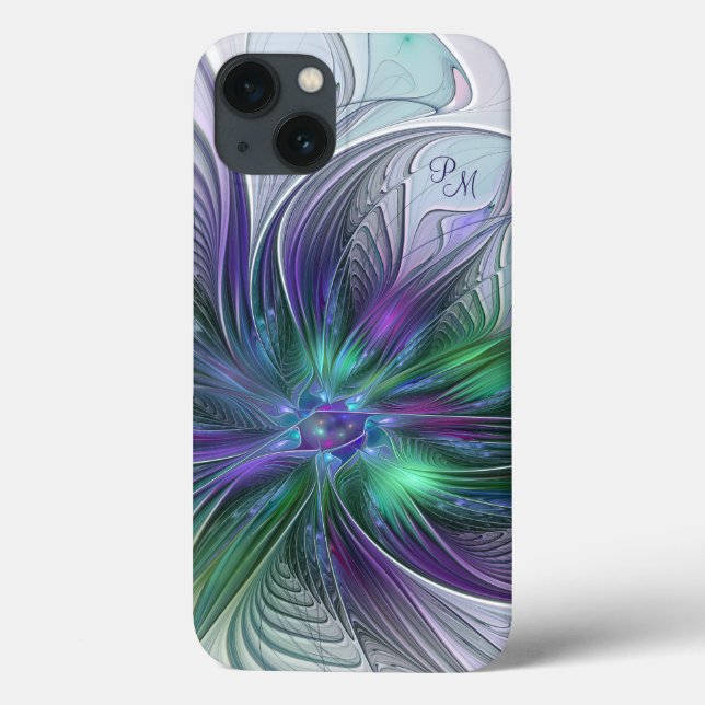 Coques Case-Mate iPhone Fleur vert violet Abstrait Art fractal Monogramme (Verso)