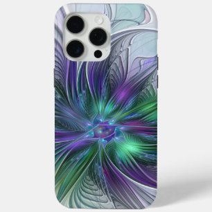 Coque iPhone 15 Pro Max Fleur vert violet Art Abstrait moderne Fractal