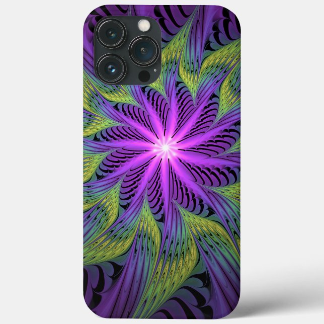 Coques Case-Mate iPhone Fleur verte violette Art fractal abstrait moderne (Verso)