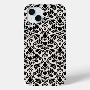 Coque iPhone 15 Mini Fleurir Damas Grand Motif Noir sur Crème
