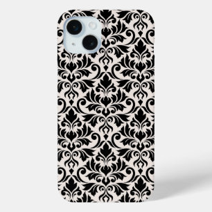 Coque iPhone 15 Mini Fleurir Damassé Grand Motif Noir sur Crème