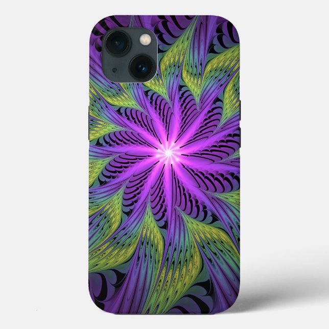 Coques Case-Mate iPhone Fleuron vert violet Art Abstrait fractal moderne (Verso)