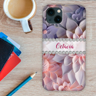 Case-Mate iPhone Case Fleurs 3D roses et violettes douces, cadre diamant