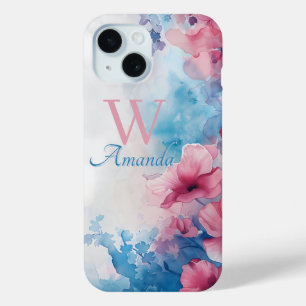 Coque Pour iPhone 15 Fleurs Aquarelle douce en rose et bleu