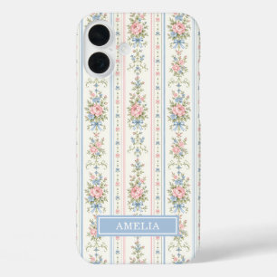 Coques iPhone 16 Plus Fleurs Aquarelle Rayées Rose Pâle Bleu