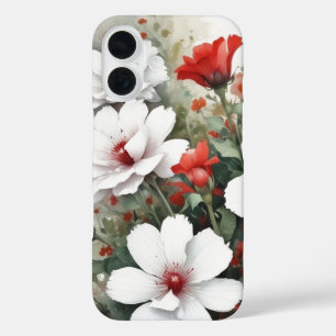 Coques iPhone 16 Fleurs blanches et rouges Elégante aquarelle