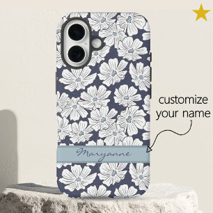 Coques iPhone 16 Fleurs blanches rustiques croquis teinte bleue nom