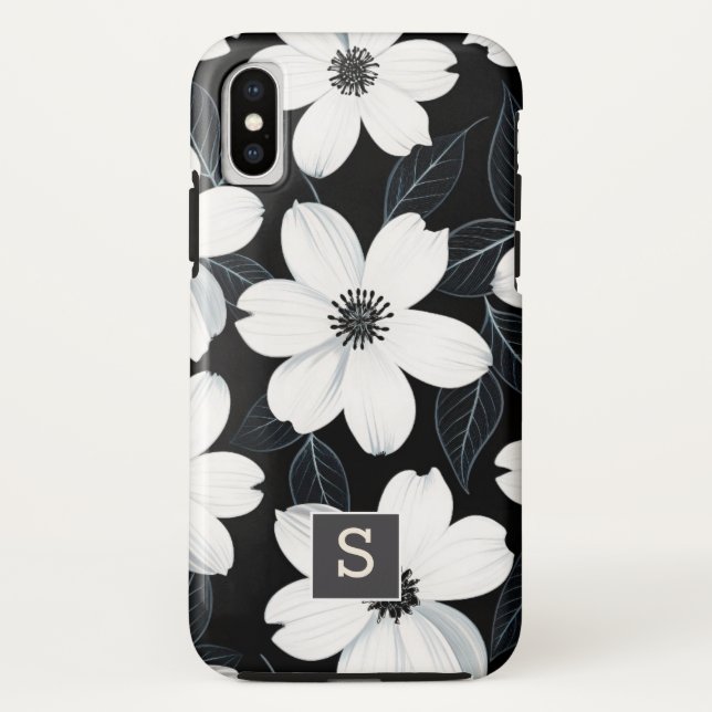 Coques Case-Mate iPhone Fleurs blanches sur élégant monogramme noir (Dos)