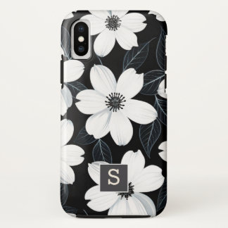 Case-Mate iPhone Case Fleurs blanches sur Monogramme noir Élégant