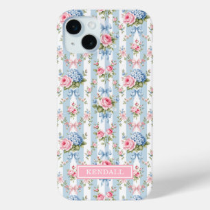 Coque iPhone 15 Mini Fleurs bleues et roses et rubans rayés