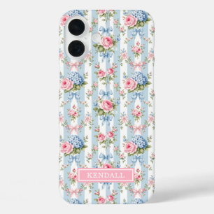 Coques iPhone 16 Plus Fleurs bleues et roses et rubans rayés