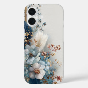 Coques iPhone 16 Fleurs Boho Bleues 