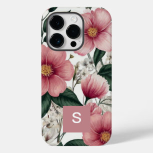 Coque Pour iPhone 14 Pro Fleurs botaniques roses modernes Monogrammes