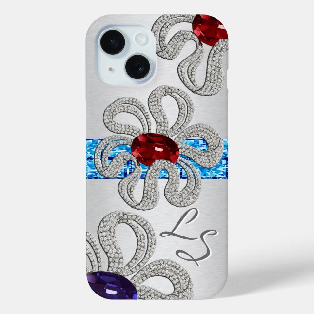 Coques Case-Mate iPhone Fleurs croisées diamant et Gem - Monogrammes (Verso)