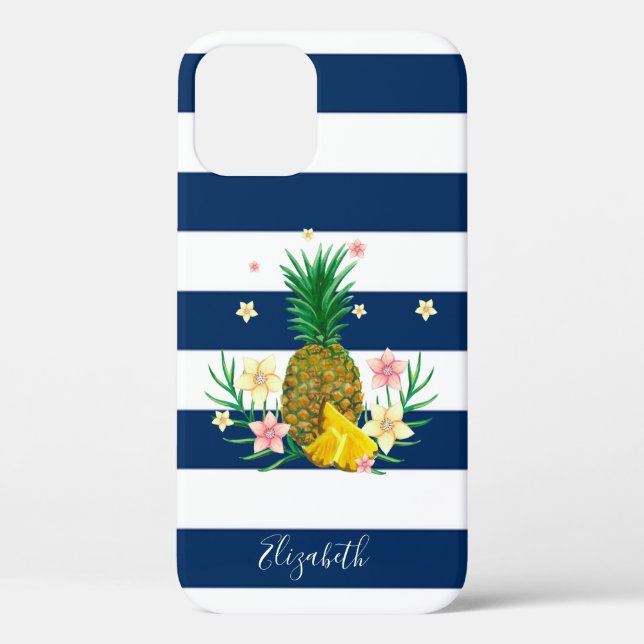 Coques Case-Mate iPhone Fleurs d'ananas cool, Bleu marine rayé (Verso)