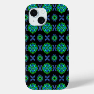 Coque Pour iPhone 15 Fleurs dans artdeco retrolook vert et bleu