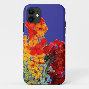 Coques Pour iPhone Fleurs d'Aquarelle rouge et orange sur bleu
