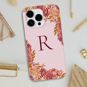 Coque Pour Pour iPhone 14 Pro Max Fleurs d'automne en or et bordeaux monogrammées