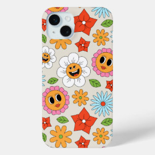 Coque iPhone 15 Mini Fleurs de dessin rétro Whimsical Happy Fun