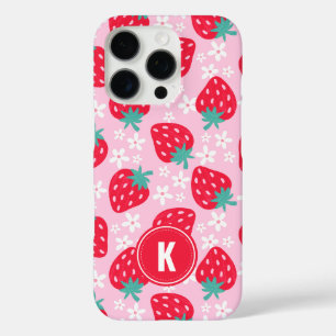 Coques iPhone 16 Pro Fleurs de fraises rouges roses Motif Monogramme
