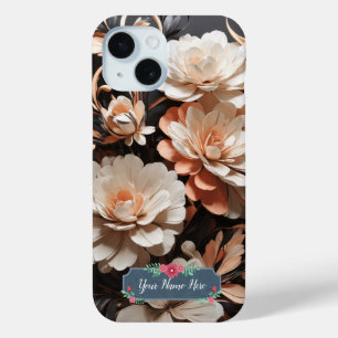 Coque Pour iPhone 15 Fleurs de pêche abstraites modernes sur fond noir