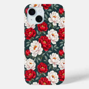 Coque Pour iPhone 15 Fleurs de pivoine rouges et blanches