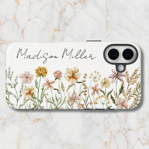Coques iPhone 16 Plus Fleurs de prairie sauvage à aquarelle monogrammée